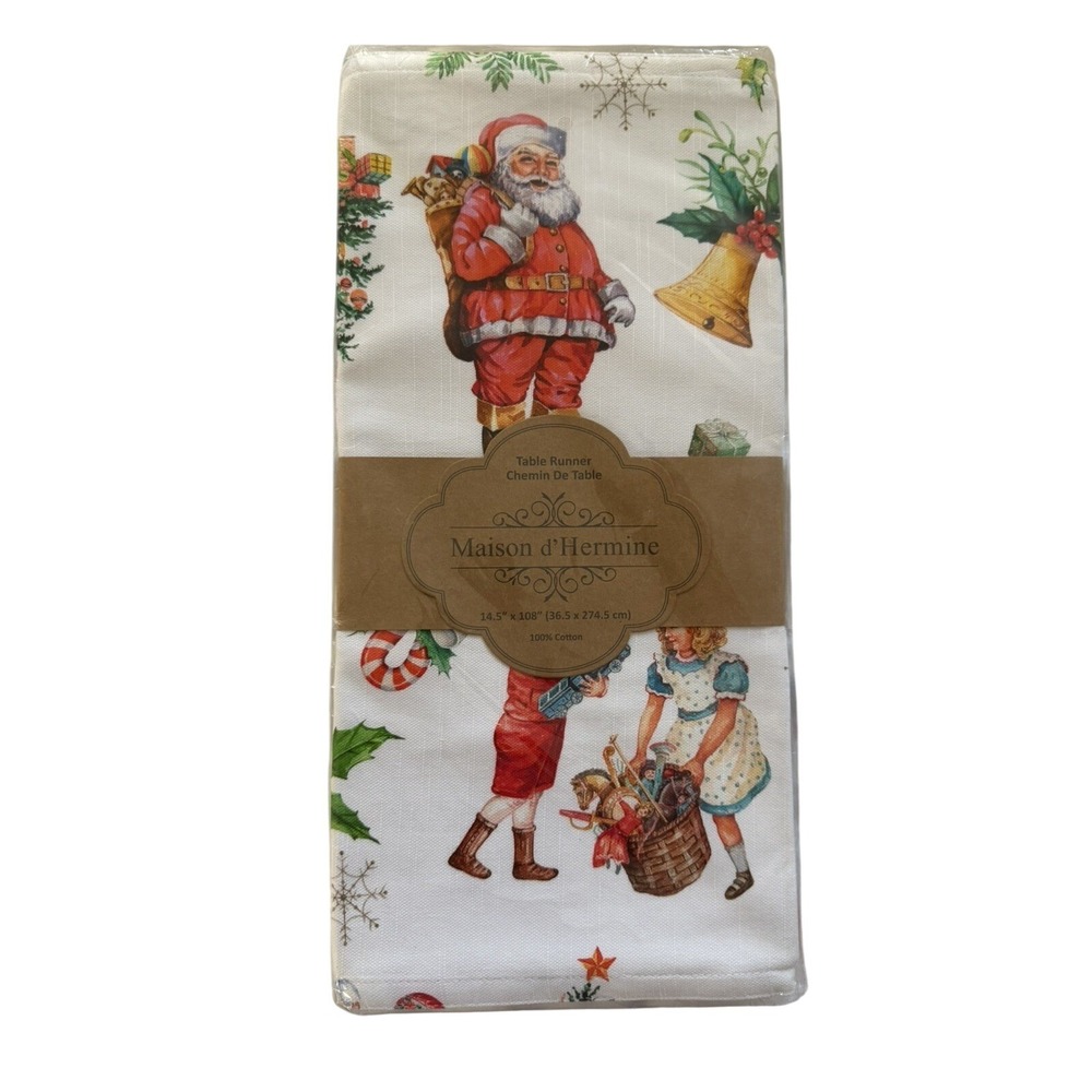 NEW Maison d' Hermine Classic Christmas Table Runner Santa 100% Cotton 14.5x72"